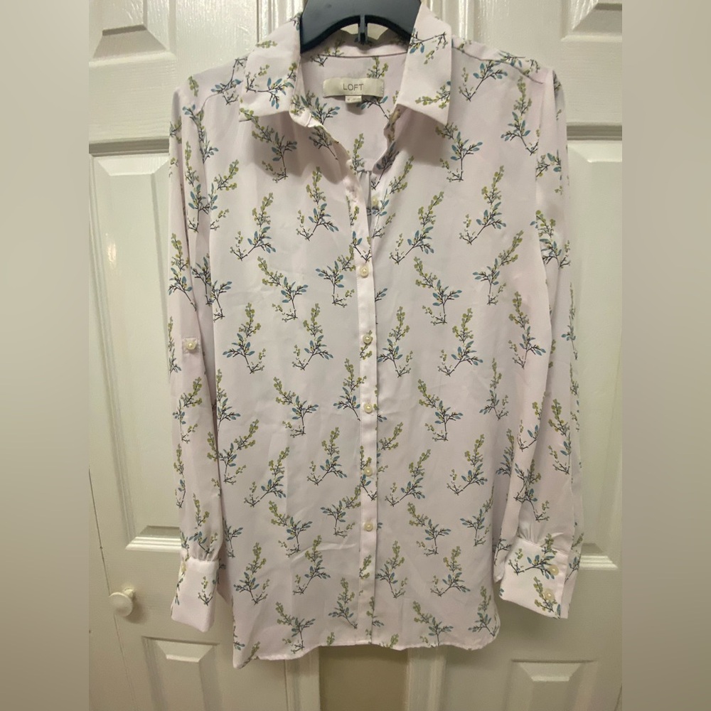 LOFT White and Green Casual Button Down Shirt